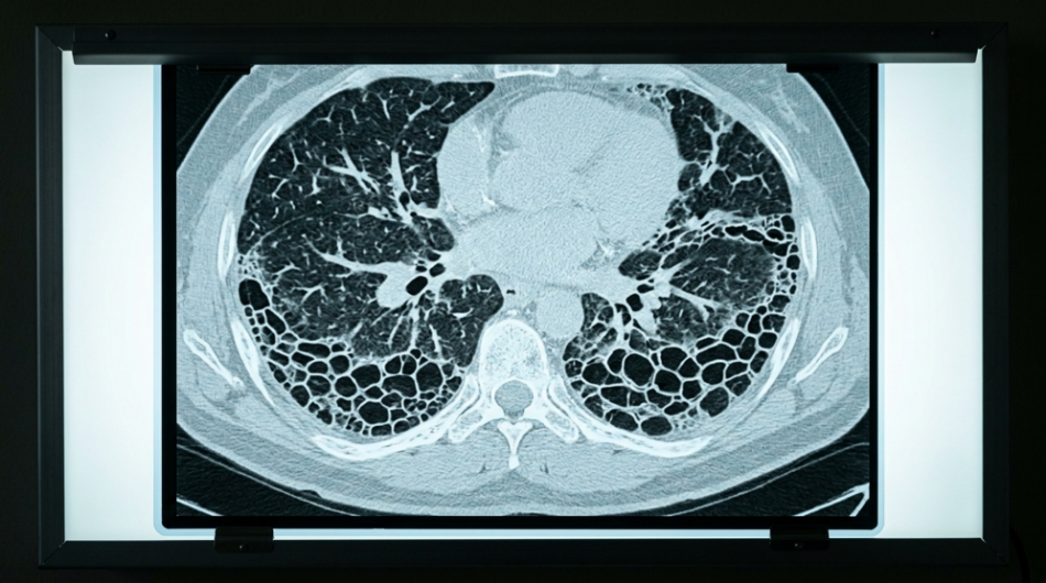 High-Resolution Computed Tomography (HRCT) HRCT Lung Honeycomb Pattern Lightbox — Pulmonary Fibrosis Radiology Stock Photo for ADC Oncology trials imaging CRO safety monitoring AI generated ILD interstitial lung disease lung toxicity central review BICR endpoint adjudication